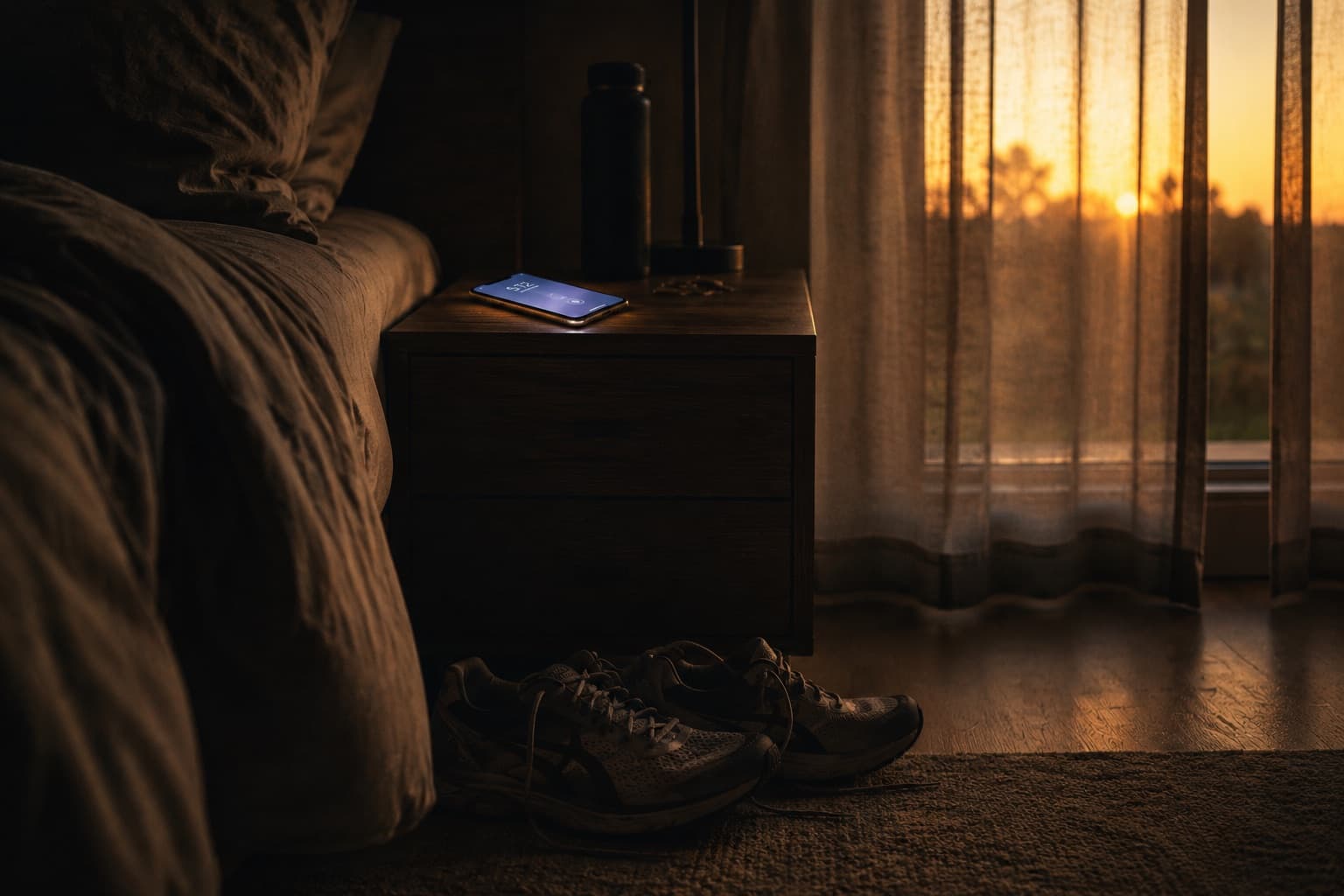 Running shoes beside a bed at first light, a phone glowing on the nightstand