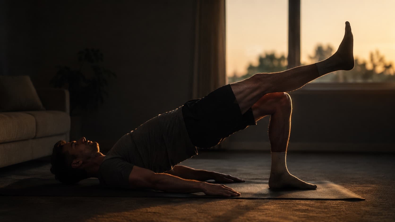 A person doing a single-leg glute bridge on a mat in warm morning light
